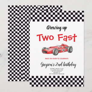 Two Fast Race Car Boy 2nd Birthday Red Party  Invitation