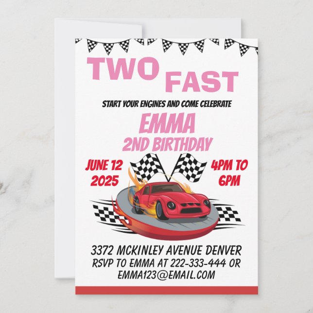Two Fast Race Car Girl 2nd Birthday Party Invitation (Front)