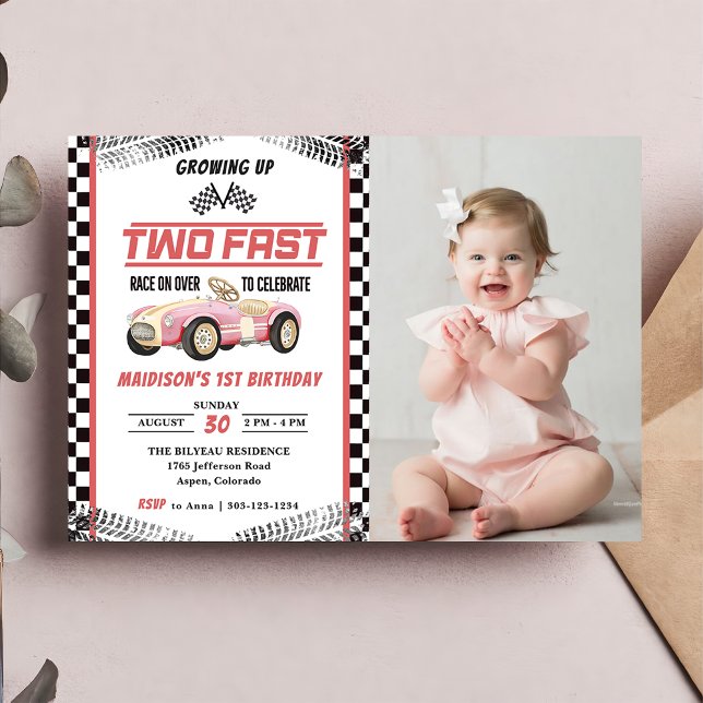 Two Fast Race Car Girl 2nd Birthday Party Photo  Invitation (Creator Uploaded)