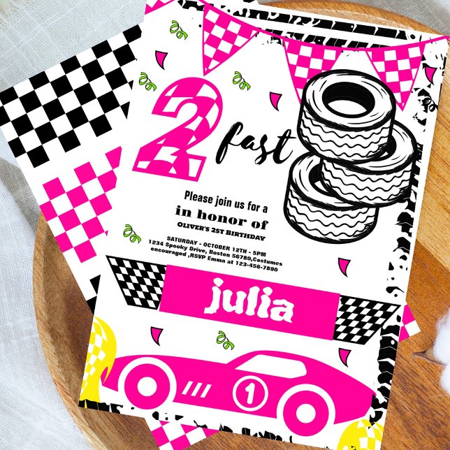 Two Fast Race Car girls 2nd Birthday Party pink Invitation (Creator Uploaded)