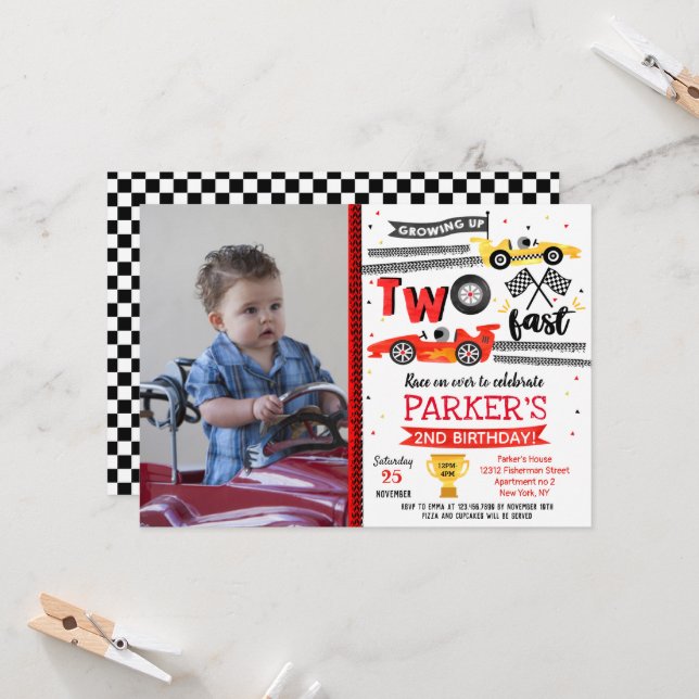 Two Fast Race Car Racing 2nd Birthday Invitations (Front/Back In Situ)