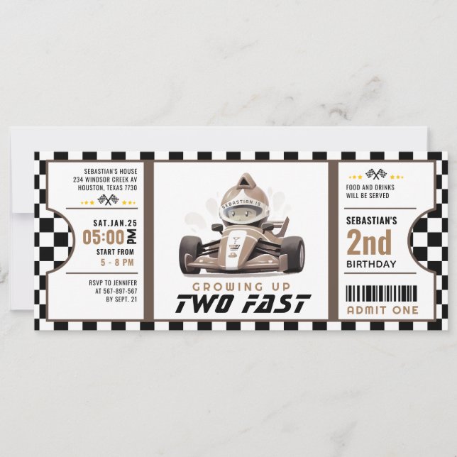Two Fast Race Car Ticket Pass Second Birthday Invitation (Front)