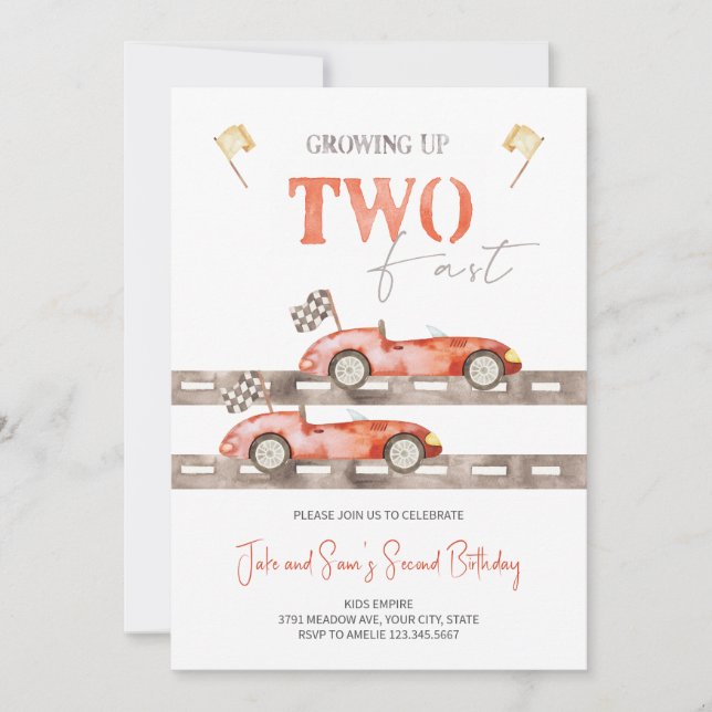 TWO Fast Race Car Twins Birthday Invitation  (Front)