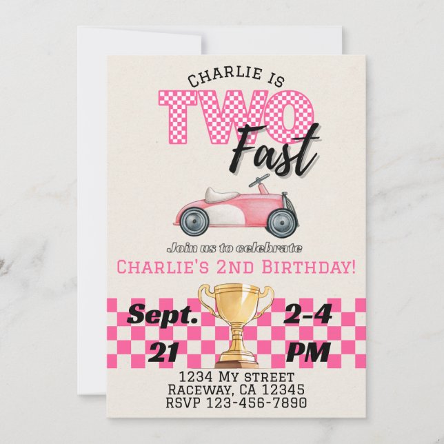 Two Fast, Racecar Theme Birthday Invitation PINK (Front)