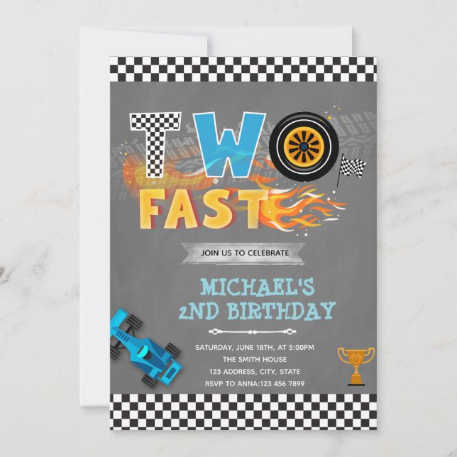 TWO fast racing birthday party invitation (Front)