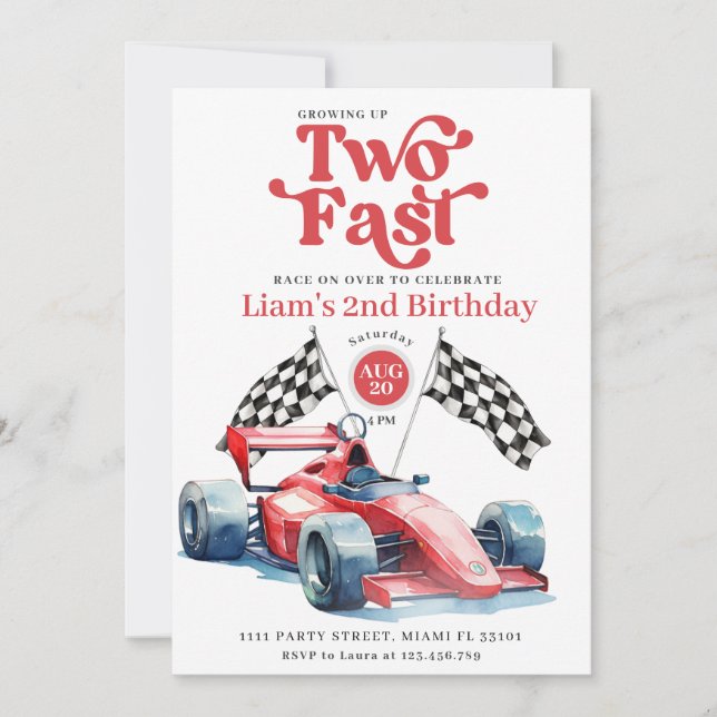 Two Fast Racing Boy Red Race Car Birthday Party Invitation (Front)