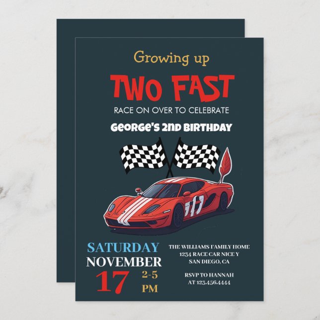 Two Fast Red Race Car 2nd Birthday Party Invitation (Front/Back)