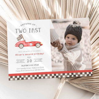 Two Fast Red Race Car 2nd Birthday Photo Invitation