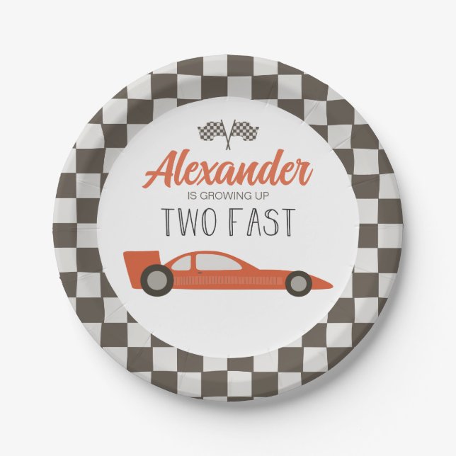 Two Fast Red Race Car Birthday Paper Plates (Front)