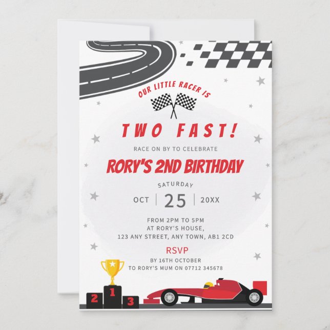 Two Fast Red Racing Car 2nd Birthday Party Invite (Front)