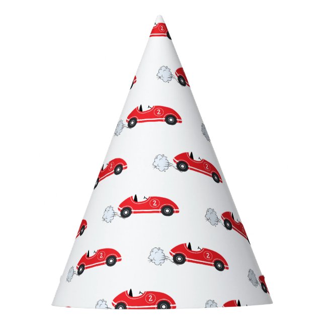 Two fast red retro race car racing theme birthday  party hat (Front)