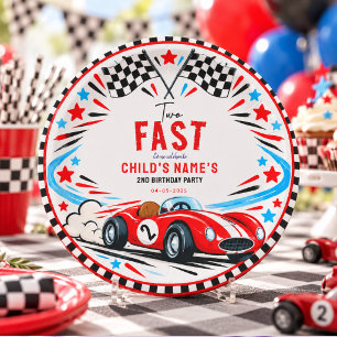 Two Fast Red Vintage Race Car 2nd Birthday Paper Plate