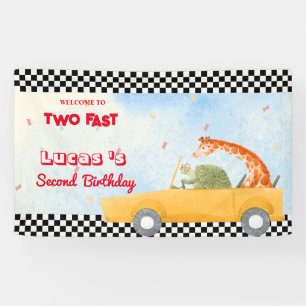Two Fast turtle Giraffe Race Car 2nd HBD Party Banner