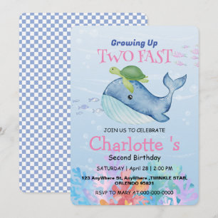 Two fast turtle Whale racing 2nd Birthday party Invitation