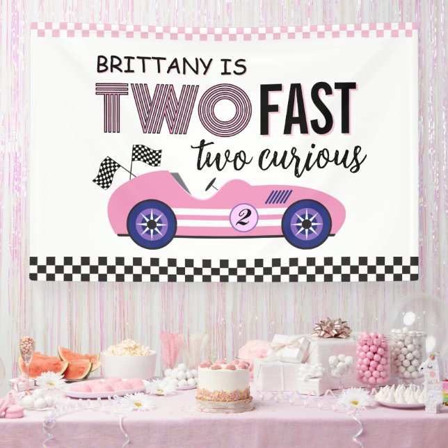 Two Fast Two Curious Pink Race Car Birthday Banner (Party)