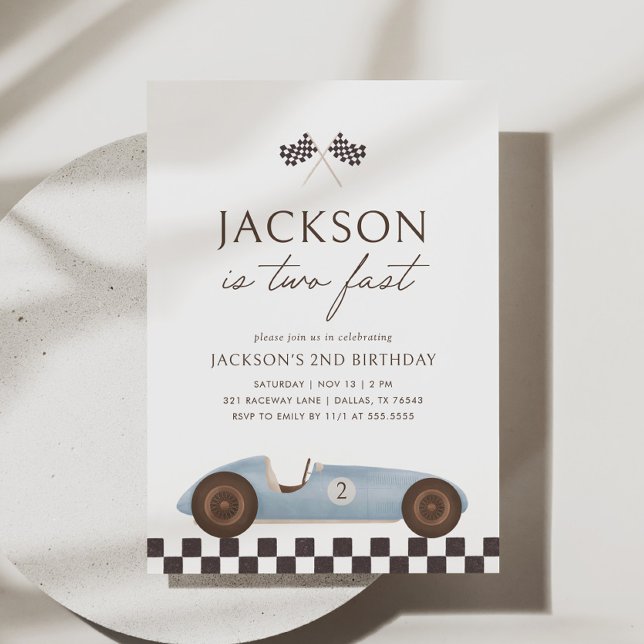 Two Fast Vintage Race Car Boy 2nd Birthday Invitation (Creator Uploaded)
