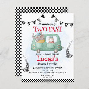 Two Fast wild Elephant race car 2nd Birthday Party Postcard