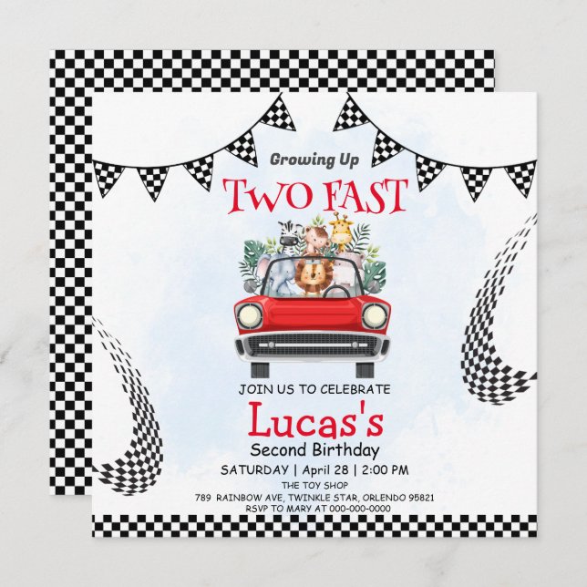 Two Fast wild jungle Race Car 2nd Birthday Party  (Front/Back)