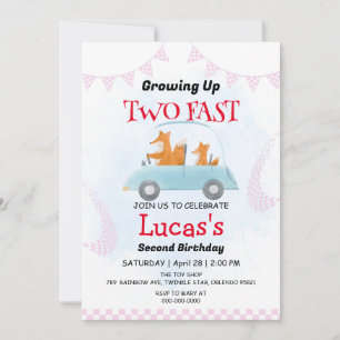 Two Fast wild jungle Race Car 2nd Birthday Party  Invitation