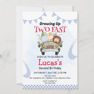 Two Fast wild jungle race car 2nd Birthday Party  Invitation