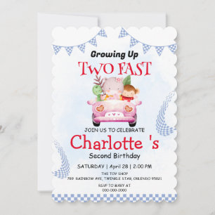 Two Fast wild jungle Race Car 2nd Birthday Party Invitation
