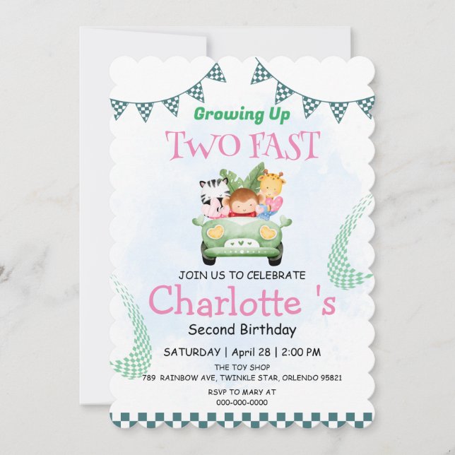 Two Fast wild jungle Race Car 2nd Birthday Party  Invitation (Front)