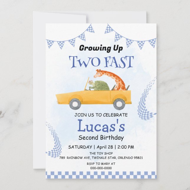 Two Fast wild jungle Race Car 2nd Birthday Party  Invitation (Front)