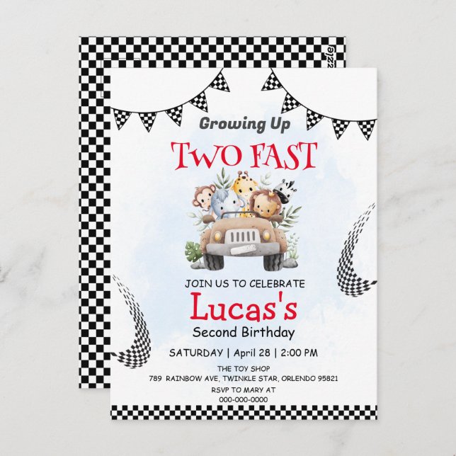 Two Fast wild Safari race car 2nd Birthday Party Postcard (Front/Back)