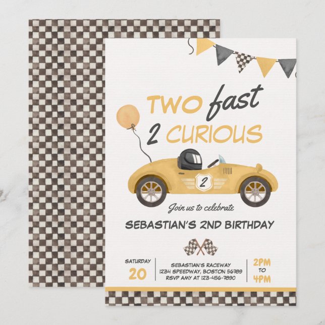 Two Fast Yellow Race Car 2nd Birthday Party Invitation (Front/Back)