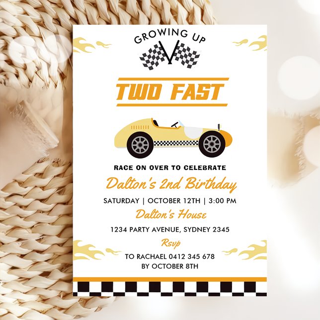 Two Fast Yellow Race Car Boy 2nd Birthday Party Invitation (Creator Uploaded)