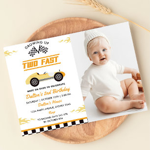 Two Fast Yellow Race Car Boy 2nd Birthday Photo Invitation