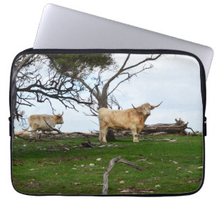 Two Fawn Highland Cows in Peaceful Country Lands, Laptop Sleeve