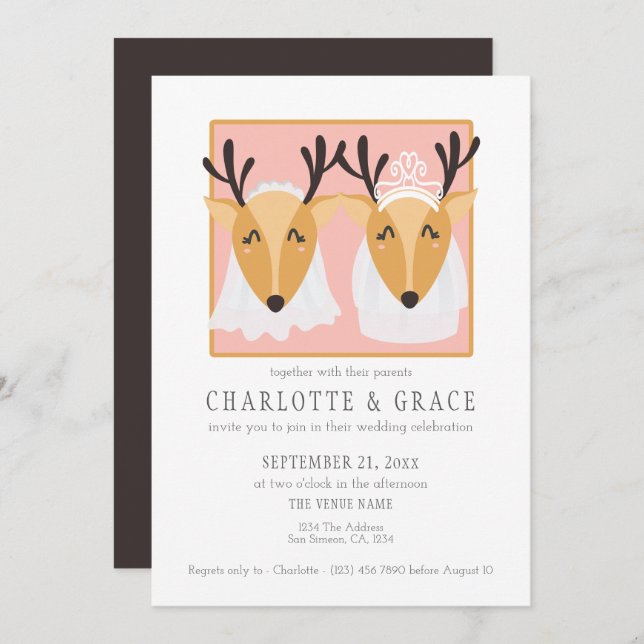 Two Female Deer Brides Gay Lesbian Wedding Invitation (Front/Back)
