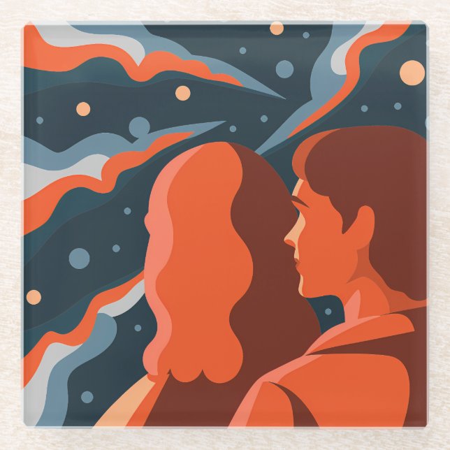 Two Figures Contemplating an Abstract Cosmic Scene Glass Coaster (Front)