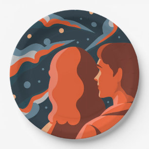Two Figures Contemplating an Abstract Cosmic Scene Paper Plate