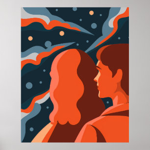 Two Figures Contemplating an Abstract Cosmic Scene Poster
