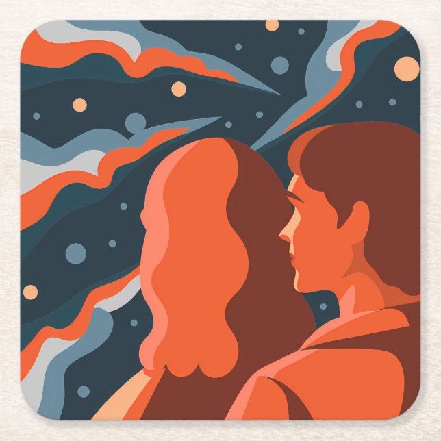 Two Figures Contemplating an Abstract Cosmic Scene Square Paper Coaster (Front)