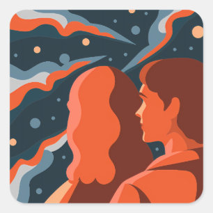 Two Figures Contemplating an Abstract Cosmic Scene Square Sticker