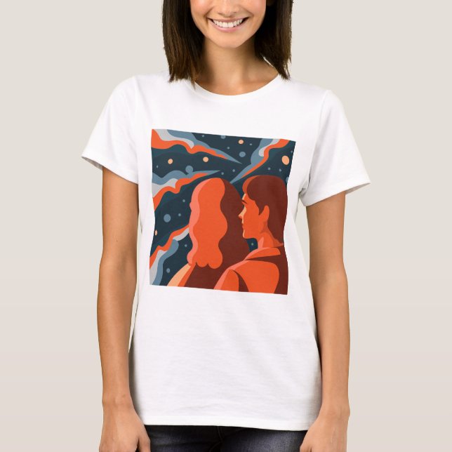 Two Figures Contemplating an Abstract Cosmic Scene T-Shirt (Front)