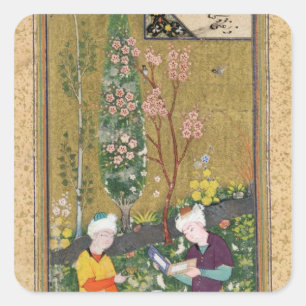 Two Figures Reading and Relaxing in an Orchard Square Sticker