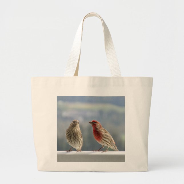 Two Finches Flirting. Large Tote Bag (Front)