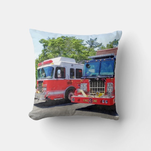 Two Fire Engines in Front of Firehouse Cushion (Front)