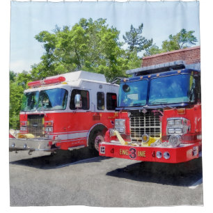 Two Fire Engines in Front of Firehouse Shower Curtain