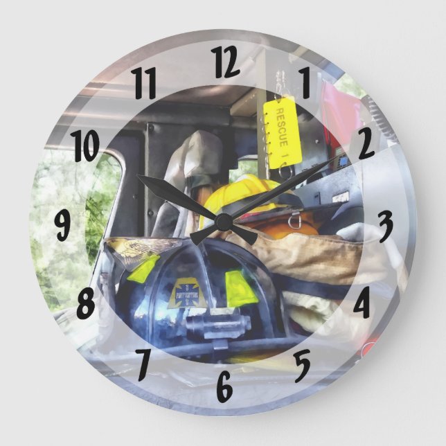 Two Firefighter's Helmets Inside Fire Truck Large Clock (Front)