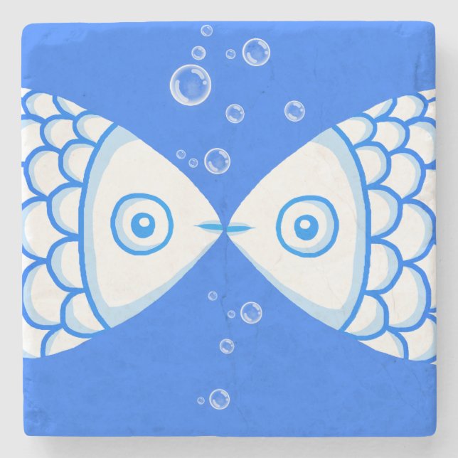 Two Fish Pisces Blue White Abstract Pattern Stone Coaster (Front)