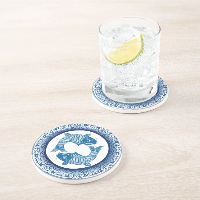 Two Fish Pisces Koi Carp Chinoiserie Blue Pattern Coaster (Side)