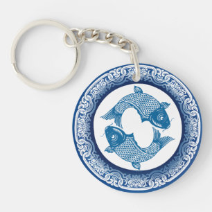 Two Fish Pisces Koi Carp Chinoiserie Blue Pattern Key Ring