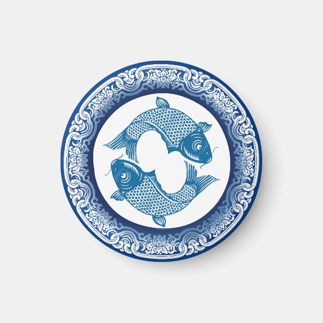 Two Fish Pisces Koi Carp Chinoiserie Blue Pattern Magnet (Front)