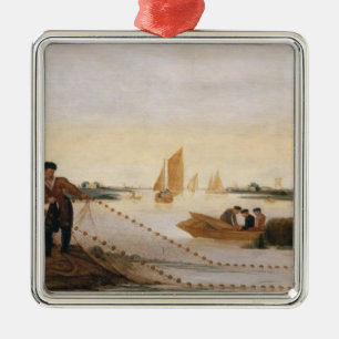 Two Fishermen Pulling in their Nets Metal Ornament