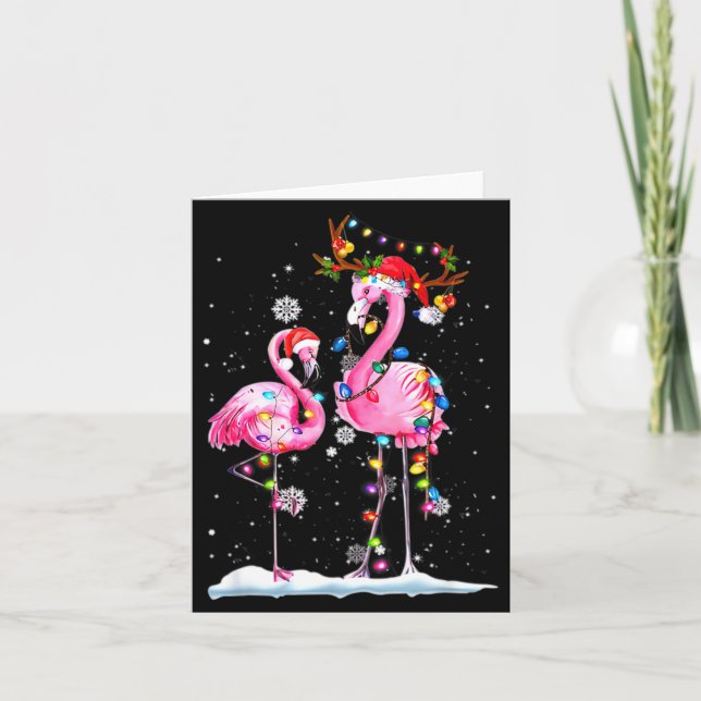 Two Flamingo With Santa Hat And Lights Merry Chris Card (Front)